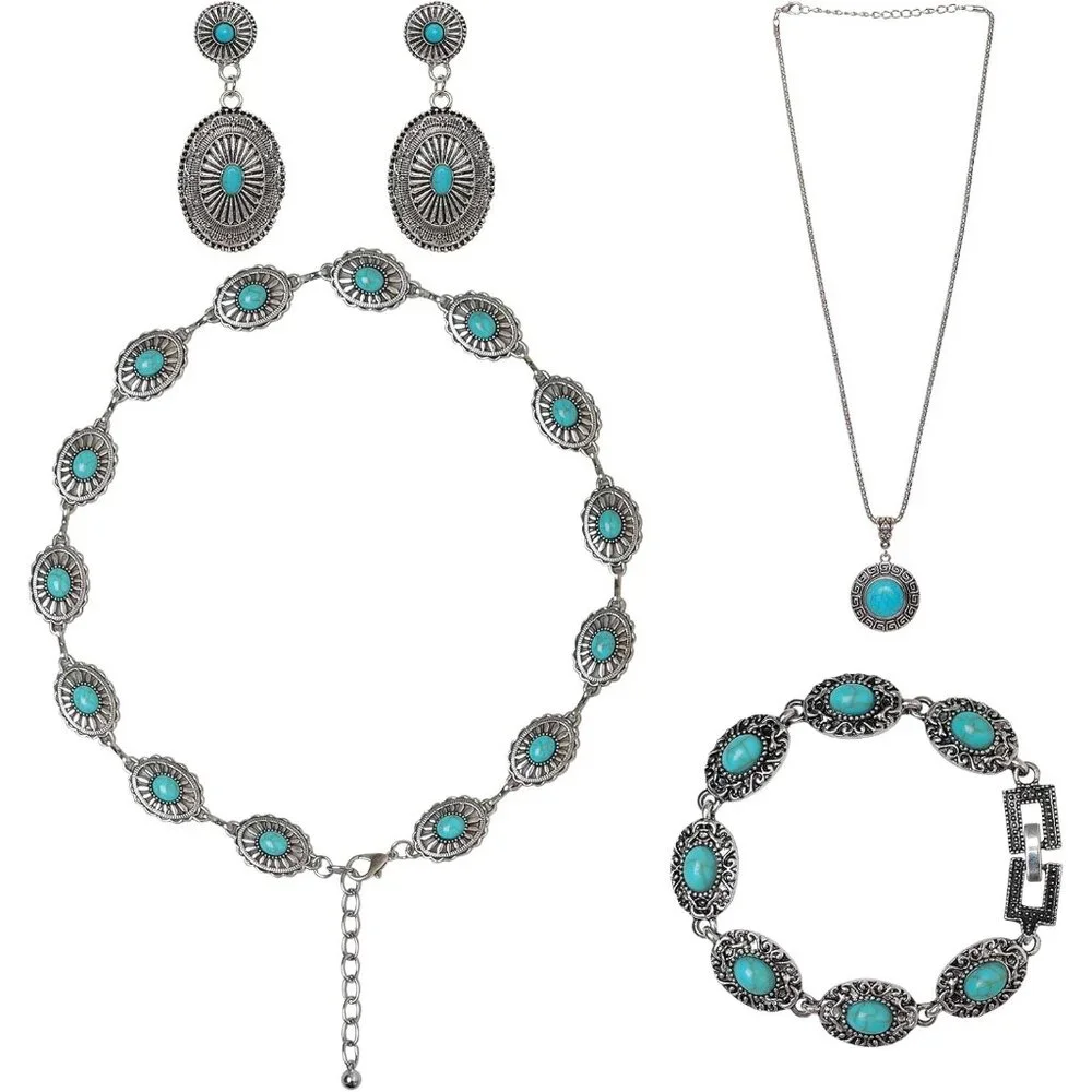 4 Pieces Bohemian Turquoise Jewelry Set Chain Waist Belt Turquoise Necklace Vint